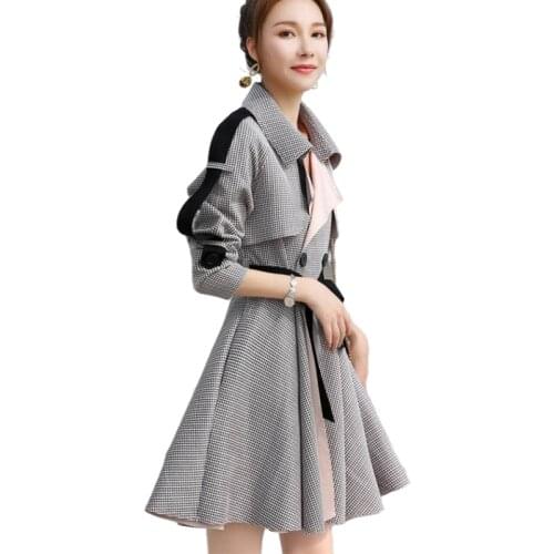 2021 new fashion Houndstooth plaid womens trench coat leisure Lapel double-breasted slim trench coat dress for women
