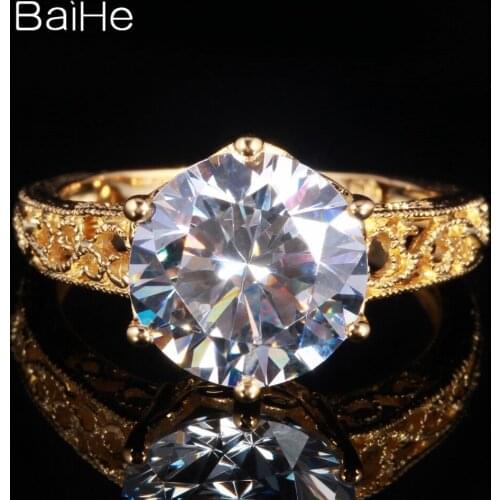 BAIHE Solid 10K Yellow Gold(AU417) 6.8ct Genuine AAA Graded Cubic Zirconia Fine Jewelry Vintage Round CUT Women Trendy Gift Ring