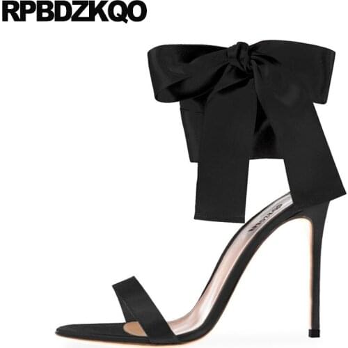 Ladies Women Gold Open Toe Heels Bow Sandals Black High Designer Pumps Satin Ankle Strap Burgundy Shoes Stiletto Wedding Bowtie