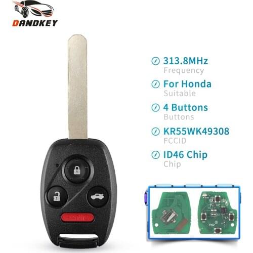 Dandkey For Honda Accord 2008 2009 2010 2011 2012 313.8Mhz KR55WK49308 Remote Key Replacement Uncut Fob Car Key Fob ID46 Chip