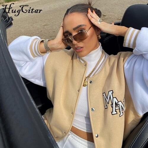 Hugcitar 2021 Women Patchwork Embroidered Letter High Quaity Cotton Crop Tops Shorts Sportwear Baseball Outfit Winter Jackets