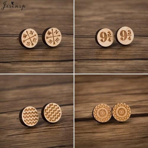 Jisensp Geometric Round Wooden Earrings Vintage Compass Stud Earrings Fashion Jewelry for Women pendientes mujer moda 2020