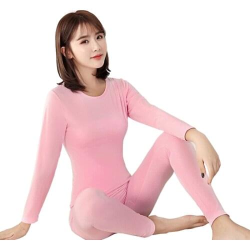 Long Johns for Women Autumn Winter Wear Warm Thermal Underwear Set Pink Black Fleece O-neck Second Skin Female Ladies XXL M L
