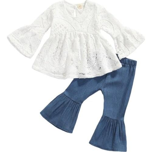 Baby Girl Clothes Set Hollow Lace Floral Long Sleeve Ruffled Tops+Flared Long Trousers Fashion Casual Outfits Children 1-5 Years