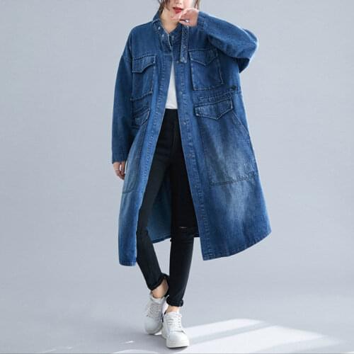 Denim Jacket Casual Windbreaker Jeans Long Coat Women Autumn Large Pocket Loose Cardigan Plus Size Vintage Mujer Chaqueta f1666