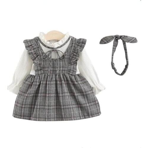 Cute Grid Bow Vestido Infantil Girls Baby Dress College Wind Baby Long Sleeve Fake 2 Pieces Dress+Headwear Autumn Tutu Dresses