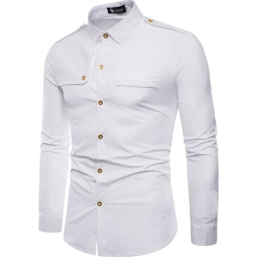 Mens Shirt Long Sleeve Solid Color Turn Down Collar Cardigan Shirt Casual Fashion Slim Single-Breasted Tops with Epaulettes