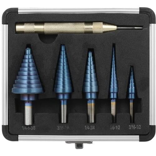 50 Sizes HSS Step Drill Bit Set with Automatic Center Punch and Aluminum Case Multiple Hole Titanium Straight Grooved Step Drill