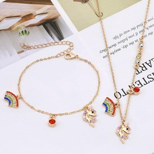 New Rainbow Unicorn Inlay Rhinestone Necklace Bracelet Gold Chain Short Necklace Set Fashion Simple Party Jewelry Sets for Women