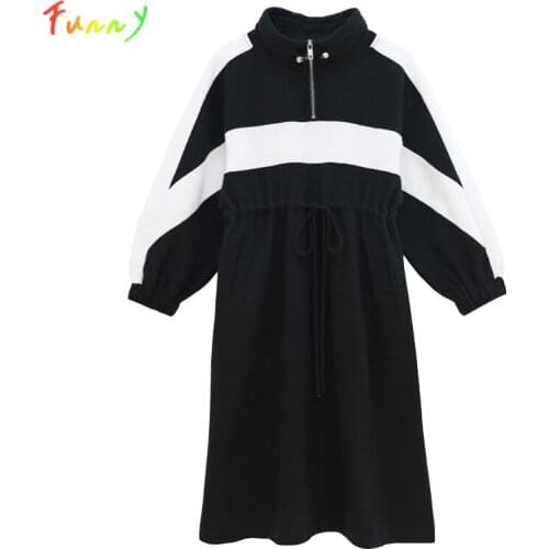 Teen Girl Dress Autumn Winter 2020 Half-zipper Stand Collar Cotton Sweatshirt Dress for Girls Long Sleeve Casual Kids Clothes