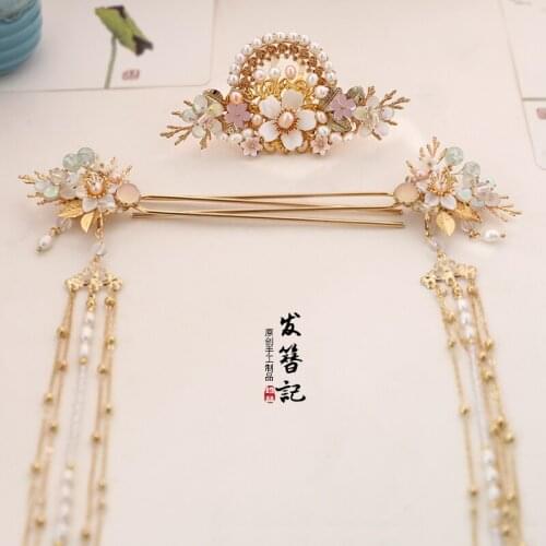 Luxury handmade hanfu tassel Chinese retro hair crown suit Martial arts fairy headdress Pearl shell hairpin clip