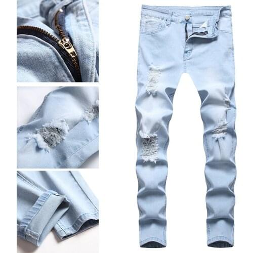 Ripped jeans mens slim feet youth straight pants mens Korean version was thin black patch spring and autumn trend