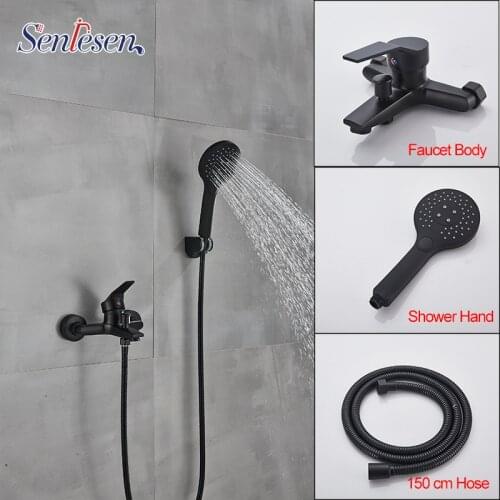 Senlesen Black Bathroom Bathtub Shower Faucet Hot and Cold Mixer Tap Wall Mount with ABS Plastic Hand Shower Set Single Handle
