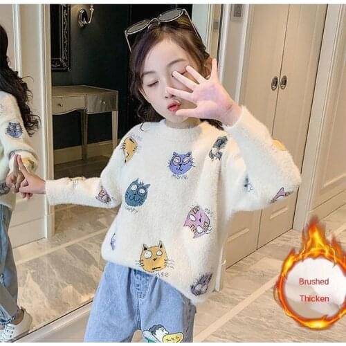 Girls Sweaters Imitation Mink Wool Sweaters O-Neck Pattern Girls Clothes Flocking Thick Autumn Winter Kids Clothes