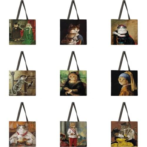 Funny oil painting tote bag linen fabric bag casual folding shopping bag outdoor beach bag daily handbag
