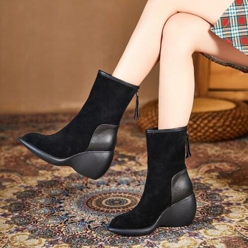 Spring Autumn New National Style Retro Height Increasing Sewing Genuine Leather Women Half Mid-Calf Equestrian Boots 0727