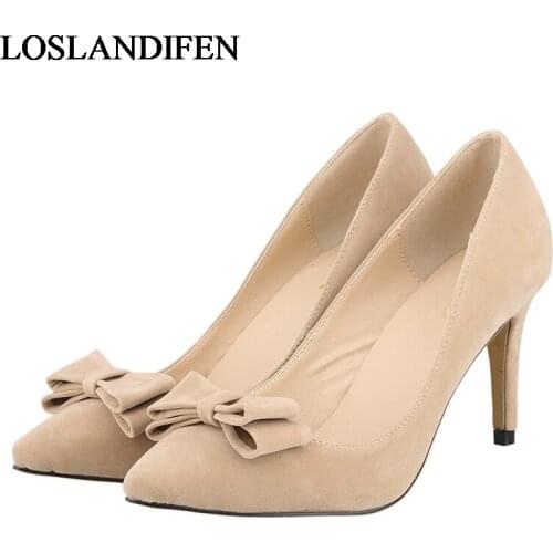 2020 Spring Elegant Women Casual Shoes Slip On Pointed Toe Thin Heel Suede Shoes Bowtie Pumps Big Size 35-42 NLK-A0045