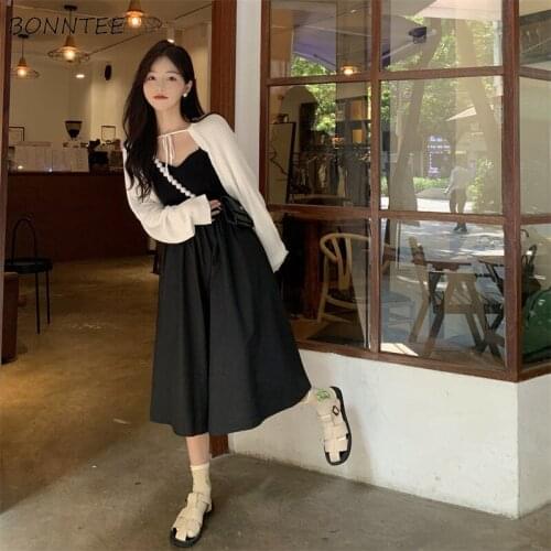 Dress Sets Women Summer New Fashion Elegant 2 Piece Leisure Loose Lace-up Cardigan Spaghetti Strap Vestido Female Cozy Ulzzang