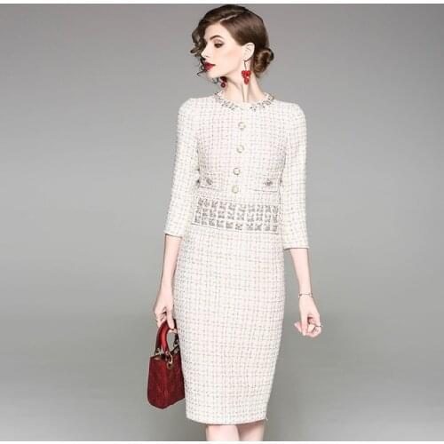 2021 New Luxury Runway Autumn Winter Tweed Dress Women Wool Female Elegant Woolen Office Ladies Slim Midi Pencil Plaid Dresses