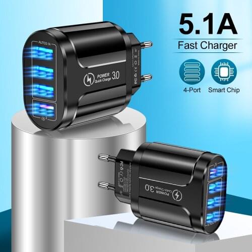 18W QC 3.0 4 USB Luminous Universal Mobile Phone Fast Charging USB Charger For iPhone 12 Xiaomi Samsung Tablet US/EU/UK