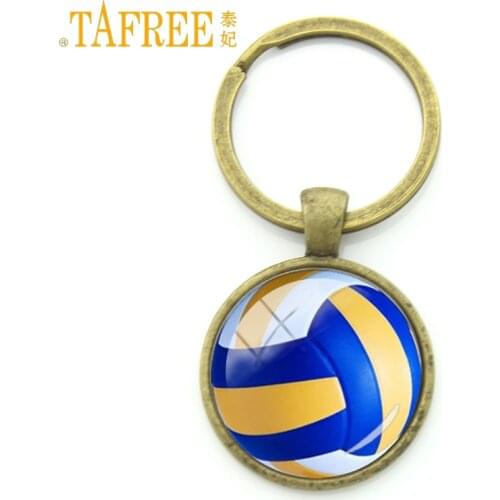 TAFREE Leisure accessories beach volleyball key chain charm ball picture print round glass alloy keychain ball fans gift KC255