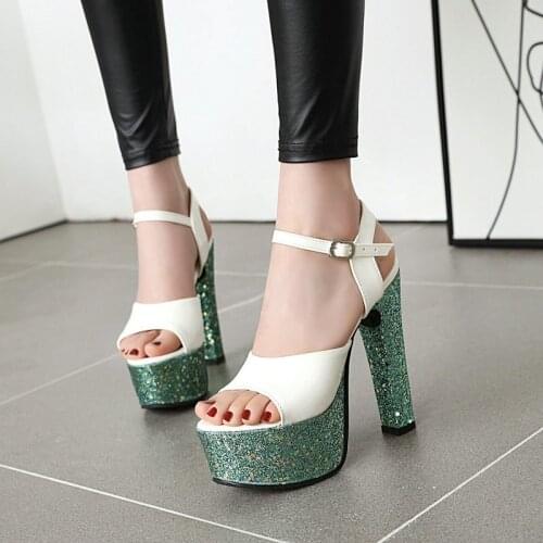 High Heel Sandals Shoes Woman 15cm Sexy Footwear Shoes Woman Platform Shoes Summer Black Silver Green Size 34-48