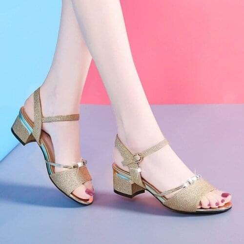 Gold Peep Toe Women Sandals Buckle Summer Fashion Ladies High Heels Sandals Square Heels Solid Basic Sandals