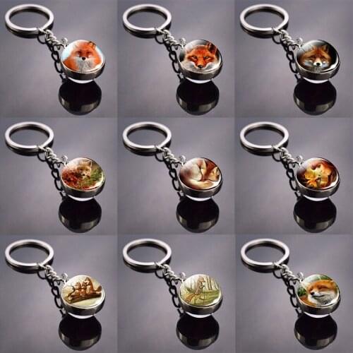 Animal Keychain Fox Double Side Glass Ball Key Chain Glass Ball Animal Cute Lovely Fox Key Chain Holder Men Women Birthday Gifts