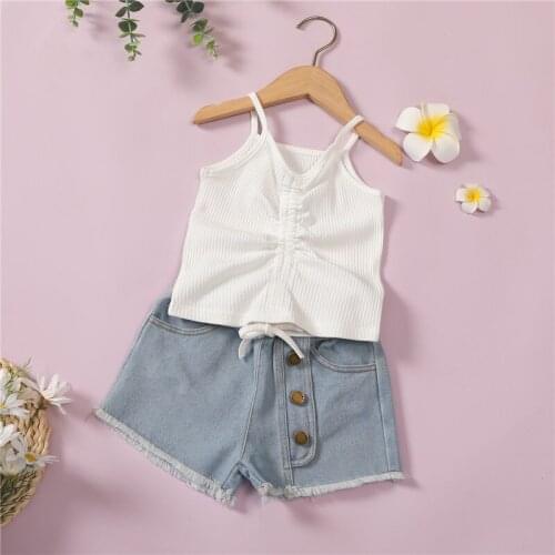 2Pcs Kids Summer Tracksuit Ribbed Spaghetti Strap V-Neck Drawstring Vest Denim Shorts Childrens Girl Clothing