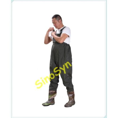 FQW1902 Water Working Outdoor Fishing Safty Chest/ Waist Wading Pinched Pinched 0.65MM Army-Green PVC Pants with Rain Boots