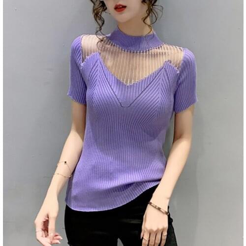 Sexy Mesh Patchwork T Shirt Women Summer Tops 2021 Thin Knitted Hollow Out T-Shirts Short Sleeve Woman Clothes Tee Shirt Femme