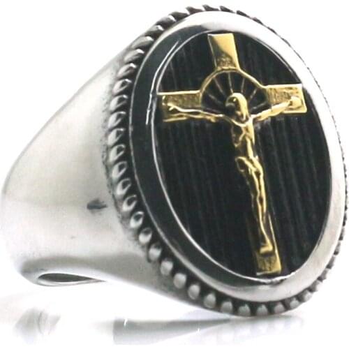 Unisex 316L Stainless Steel Cool Cross Jesus Christ Golden Ring