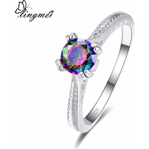 Lingmei Anniversary Cocktail Party Women Jewelry Round Multi White Zircon Silver Color Ring Size 6-9 Wedding Band Gifts