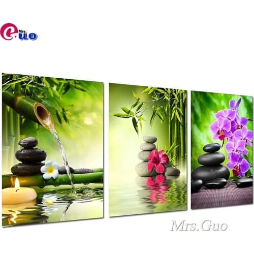 Zen Style Diamond Painting Kits Still Life Shilan Hibiscus Bamboo Triptych Home Office Bathroom Home Decor Diamond Embroidery