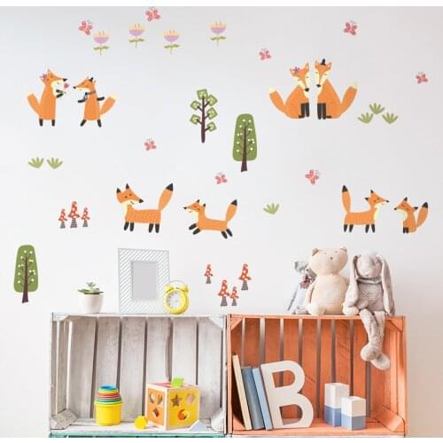 Cute Fox Trees Wall Sticker Removable Vinyl The Fox Family Animals DIY Decal For Kids Room Nursery Art Murals Wall Decoration
