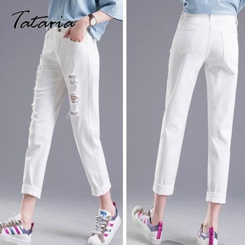 Plus Size 2020 New White Ripped Boyfriend Ankle Jeans Women Casual Spring Summer Plain Denim Harem Pants Trousers Womans Jeans