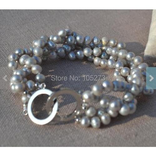 New Arriver Pearl Bracelet Gray Color Wedding Jewelry 7.5 Inches 4 Rows 6-6.5mm Genuine Freshwater Pearl Bracelet Free Shipping