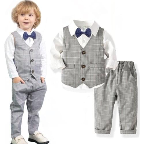 Autumn Spring Clothes Infant Toddler Boy Vest Suit White Shirt + Vest + Pants 3 Pieces Kids Kits Wedding Costume