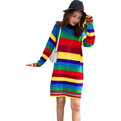 Autumn Women Dresses 2021 Casual Long Sleeve O-Neck Striped Plus Size Slim Clothes Female Colorful Mini Knitted Cotton Dress