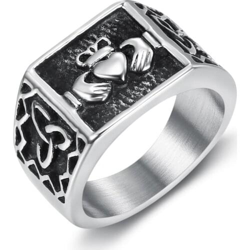 Custom 316 Stainless Steel Men Women Antique Color Irish Design Claddagh Wedding Rings for Boyfriends Girlfriends