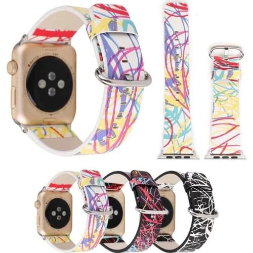 Colorful Cartoon Striped Leather Bracelet for Apple Watch Series 3 2 1 Band Metal Buckle Strap for iWatch Wristbands 42mm 38mm