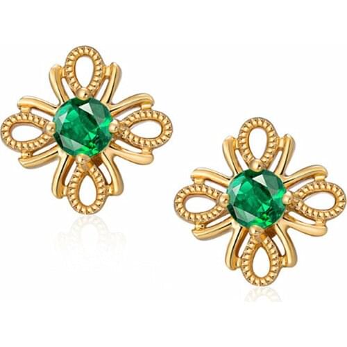 Vintage carving green crystal emerald gemstones diamonds stud earrings for women gold color jewelry brincos bijoux accessories