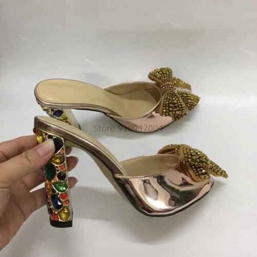 Bowtie Rhinestone Sandals Women Slippers Fish Toe Diamond Beaded Heel Summer Sandals Thick High Heels 10cm Female Sandals Shoes