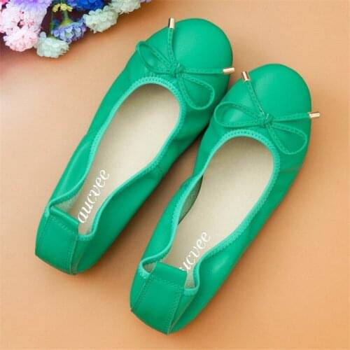 2021 New Spring Women Soft Ballet Flat Shoes Genuine Womens Foldable Sweet Bow Round Toe Loafers Woman Shoes 23 Color Size 34-44