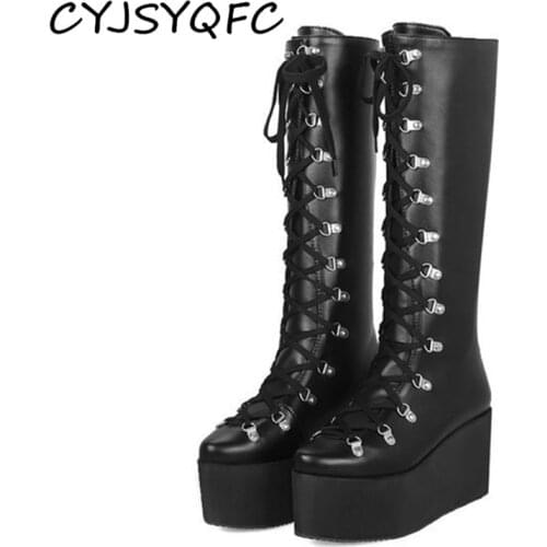 CYJSYQFC Autumn Winter Women Knee High Boots Cross Lace Up Thick Bottom Wedges Platform Motorcycle Boots Black Plus Size 33-46