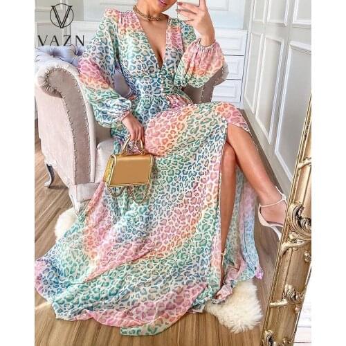 VAZN 2021 Autumn Retro High-end Holiday Chiffon Long Dress Sweet V-Neck Full Sleeve Women Nature A-Line Maxi Dress