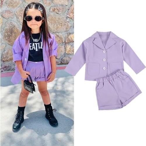 2020-08-17 Lioraitiin 2Pcs Set 1-6Years Toddler Baby Girl Clothing Long Sleeve V-Neck Solid Single Breasted Coat Tops Shorts