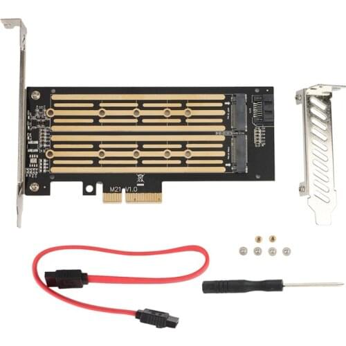 M.2 NVMe & SATA NGFF Adapter SSD to PCIe Riser Card Key M+B with SATA Cable PCI 3.0 to M2 Expansion Dual Disk