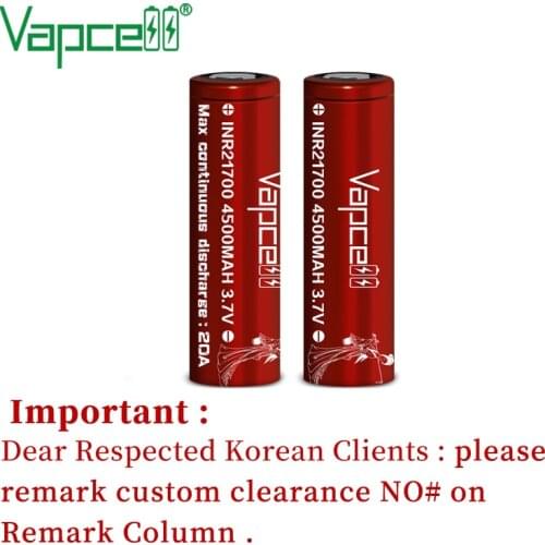 2pcs/lot Vapcell original 21700 4500mAh 20A 3.7V Li ion battery high capacity Rechargeable batteries flashlight free shipping