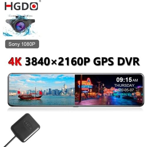 HGDO 12'' 4K 3840×2160 Car DVR GPS Track Video Recorder Sony IMX415 Rear View Mirror Camera 1080P Rear Dash Cam Auto Registrar